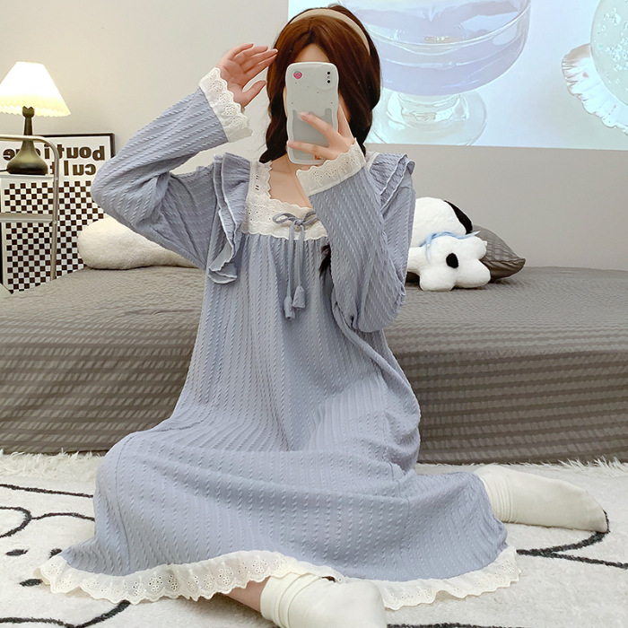 Nightdress Women's Spring and Autumn 6535 Cotton Princess Style Long Sleeve Mid-Length Pajamas plus-Sized Large Size Fat Mm220 Home Wear