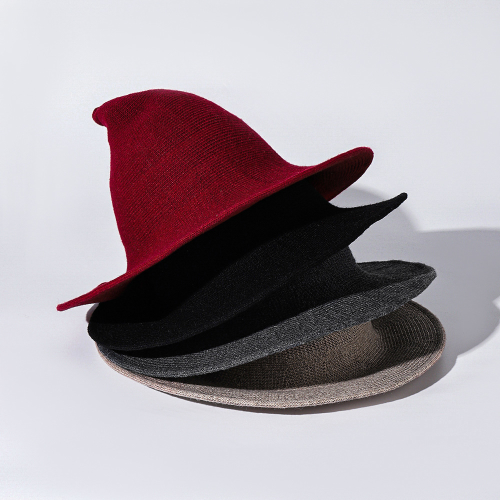 万圣节女巫帽尖顶搞怪外贸秋冬大檐亚马逊欧美跨境魔法针织羊毛帽