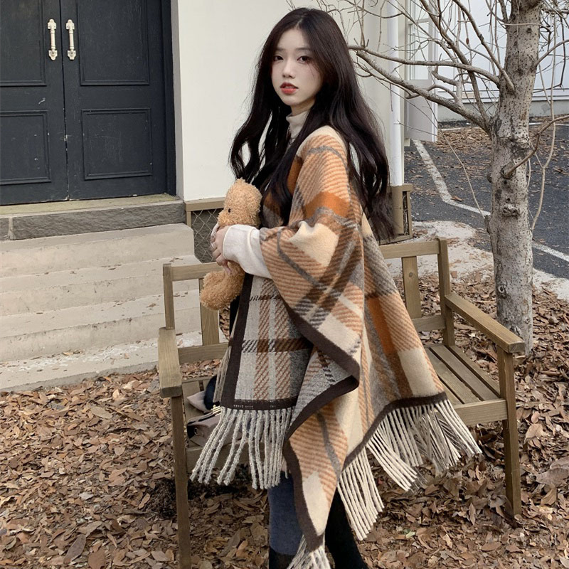 Korean Style Cashmere-like Air Conditioner Shawl Outer Match Internet Celebrity Cloak Autumn and Winter New Niche Retro Plaid Warm Scarf for Women