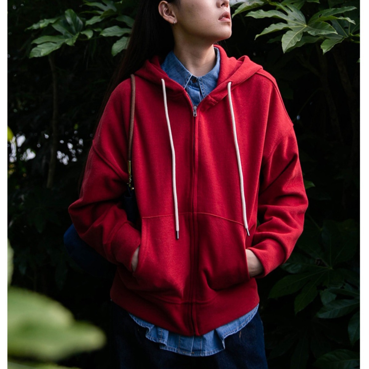 dorothy丨灰色卫衣女拉链开衫2023新款秋季宽松百搭红色连帽外套