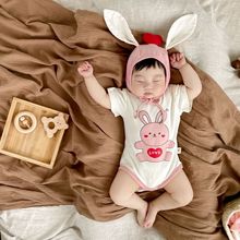 24夏季新款韩版宝宝包屁衣ins款爱心小兔印花哈衣婴儿连体衣套装