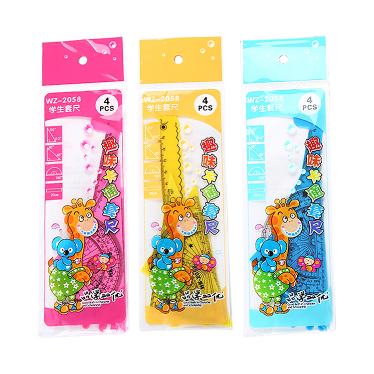 Creative Cartoon Ruler Sets Ruler Learning Stationery Prizes Student Four-Piece Set Giraffe Drawing Ruler Factory Wholesale