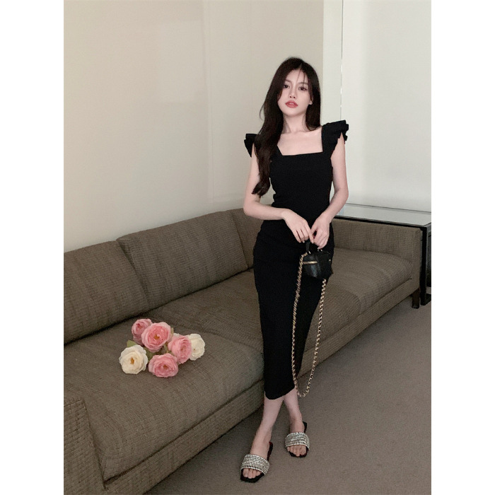 French Style Flying Sleeve Dress Women's Summer Design Sense Niche Temperament Waist-Controlled Slimming Slim Fit Side Slit Dress