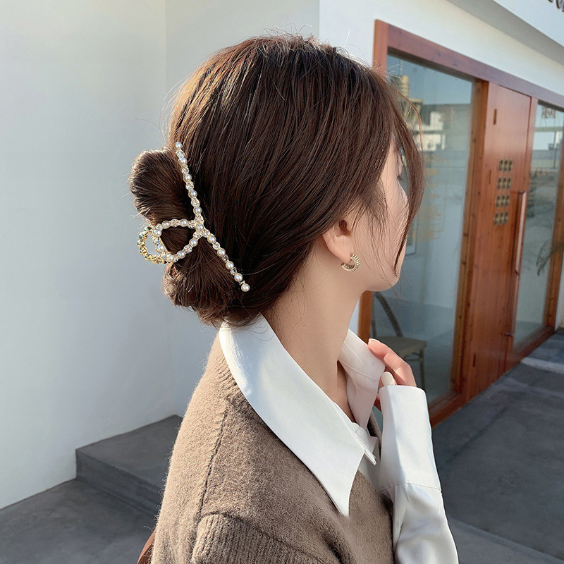 Korean Style Updo Metal Grip Shark Clip High-Grade Sense Graceful Bow Barrettes Pearl Hair Accessories Hairpin Wholesale for Women