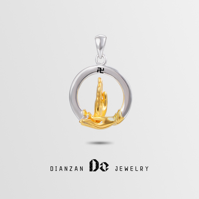 s925纯银锁骨项链女民族风佛手印吊坠卍字项坠镀黄金色佛教饰品