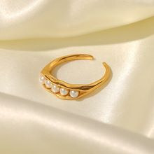 INS法式18K镀金不锈钢豌豆荚设计白色珍珠可调节戒指女士饰品批发