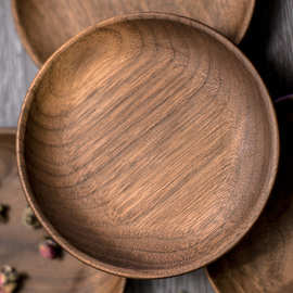 黑胡桃木盘子日式实木圆形干果盘木碟子木圆盘木质点心盘餐具餐盘