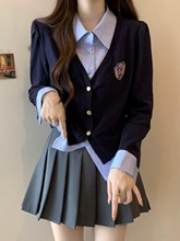 大码胖mm学院风假两件针织衫春季女2024年韩版设计感显瘦衬衫上衣