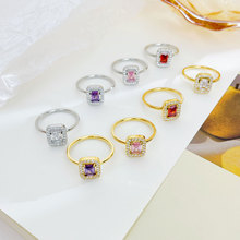 个性创意彩色长方形锆石戒指女时尚百搭跨境新品高级感气质指环