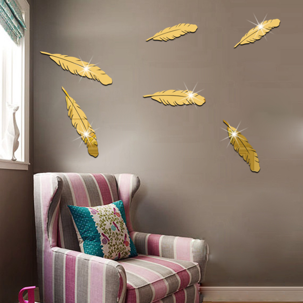 feather acrylic mirror waterproof self-adhesive wall sticker bedroom tv backdrop wall decorative three-dimensional mirror sticker xn009