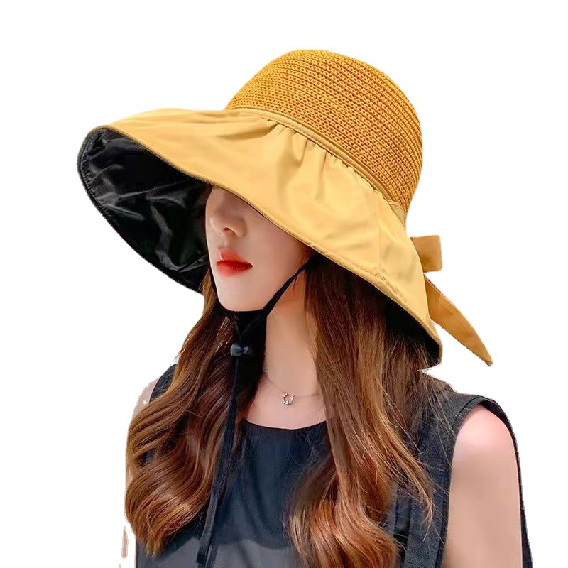 Summer Women's Fashion Vinyl Summer Hat Bow Hollow Sun Hat Korean Uv Protection Bucket Hat Wholesale