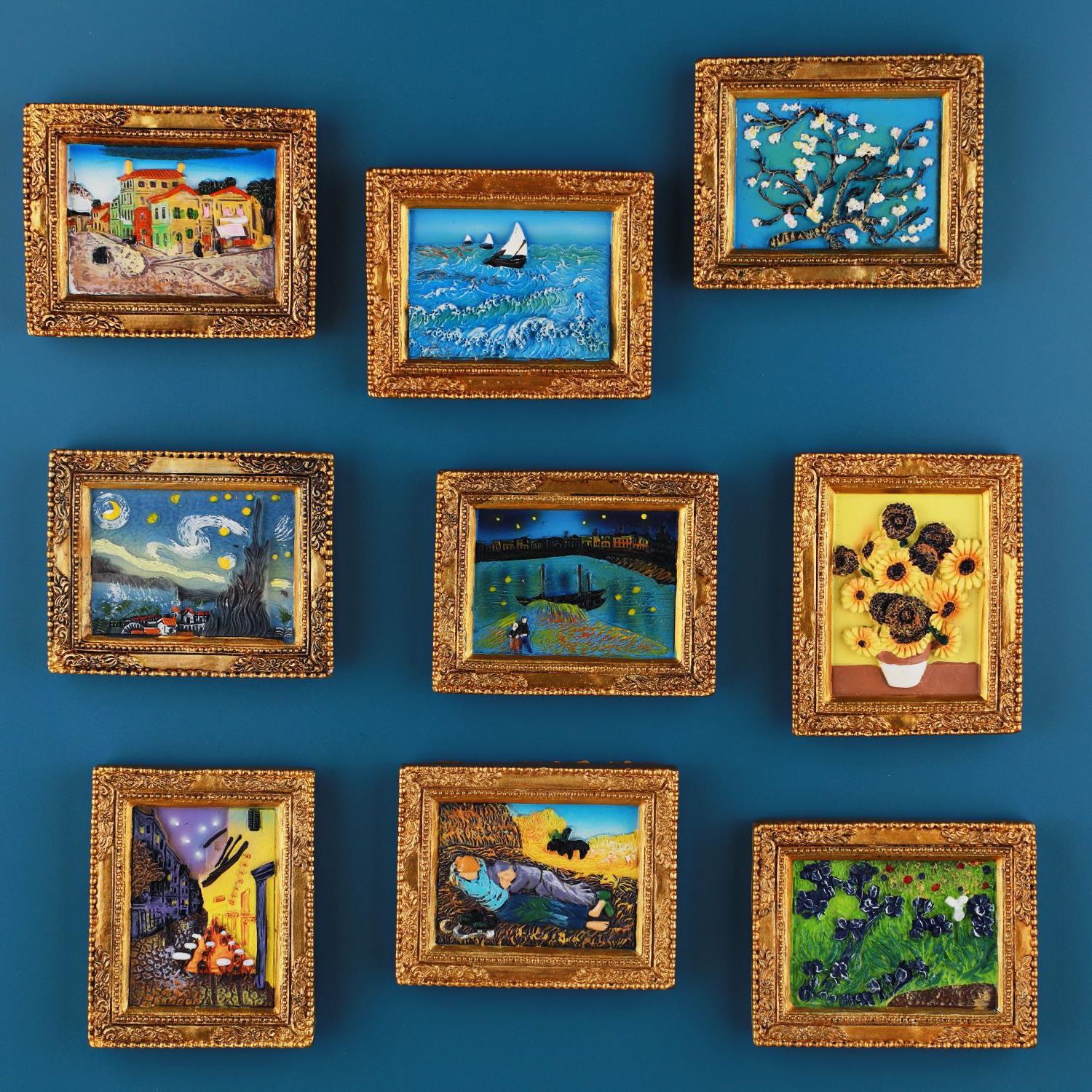 New Creative Three-Dimensional Simulation Photo Frame Small Oil Painting Decoration Large Magnetic Refrigerator Stickers European Van Gogh Mini Magnetic Stickers