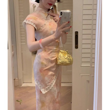 丝巾旗袍 新中式捏褶假两件提花旗袍裙女夏气质修身显瘦裙