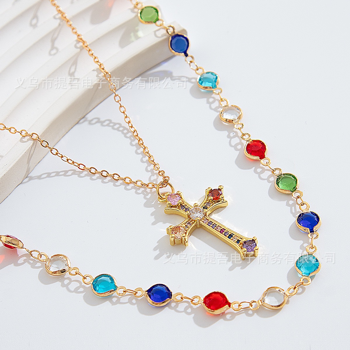 欧美跨境多巴胺彩色仿水晶吊坠项链女 简约个性流苏Y型毛衣链项饰