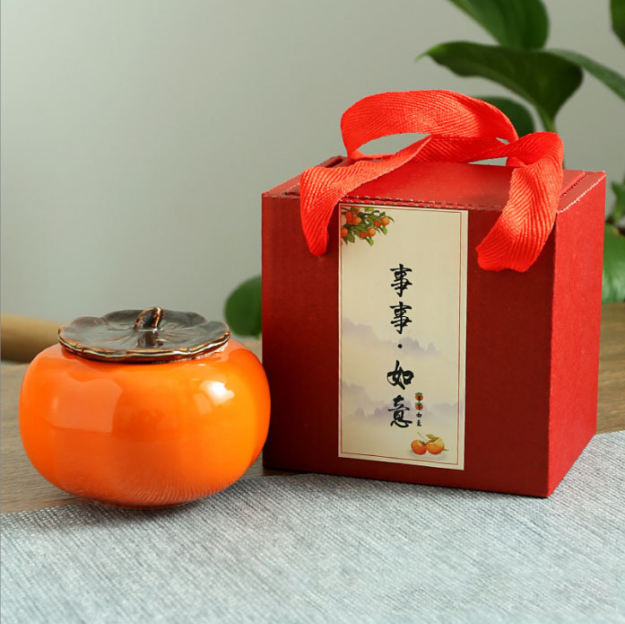 Lucky Persimmon Persimmon Shape Tea Jar Ceramic Sealed Filling Wedding Candy Jar Gift Gift Box with Hand Activity Small Gift