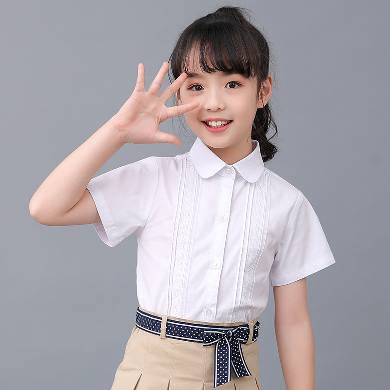 女童白色衬衫儿童短袖蕾丝衬衣女孩小学生学院风大童白校服洋气夏