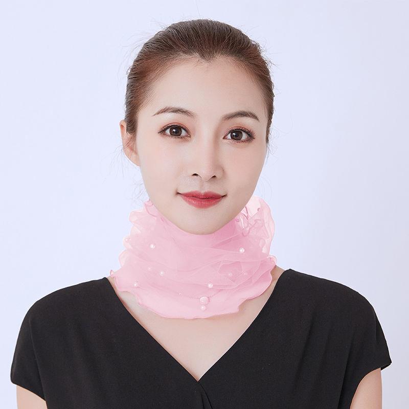 围脖女小丝巾护颈脖套女网纱蕾丝钉珠套头围脖夏季百搭时尚围巾女