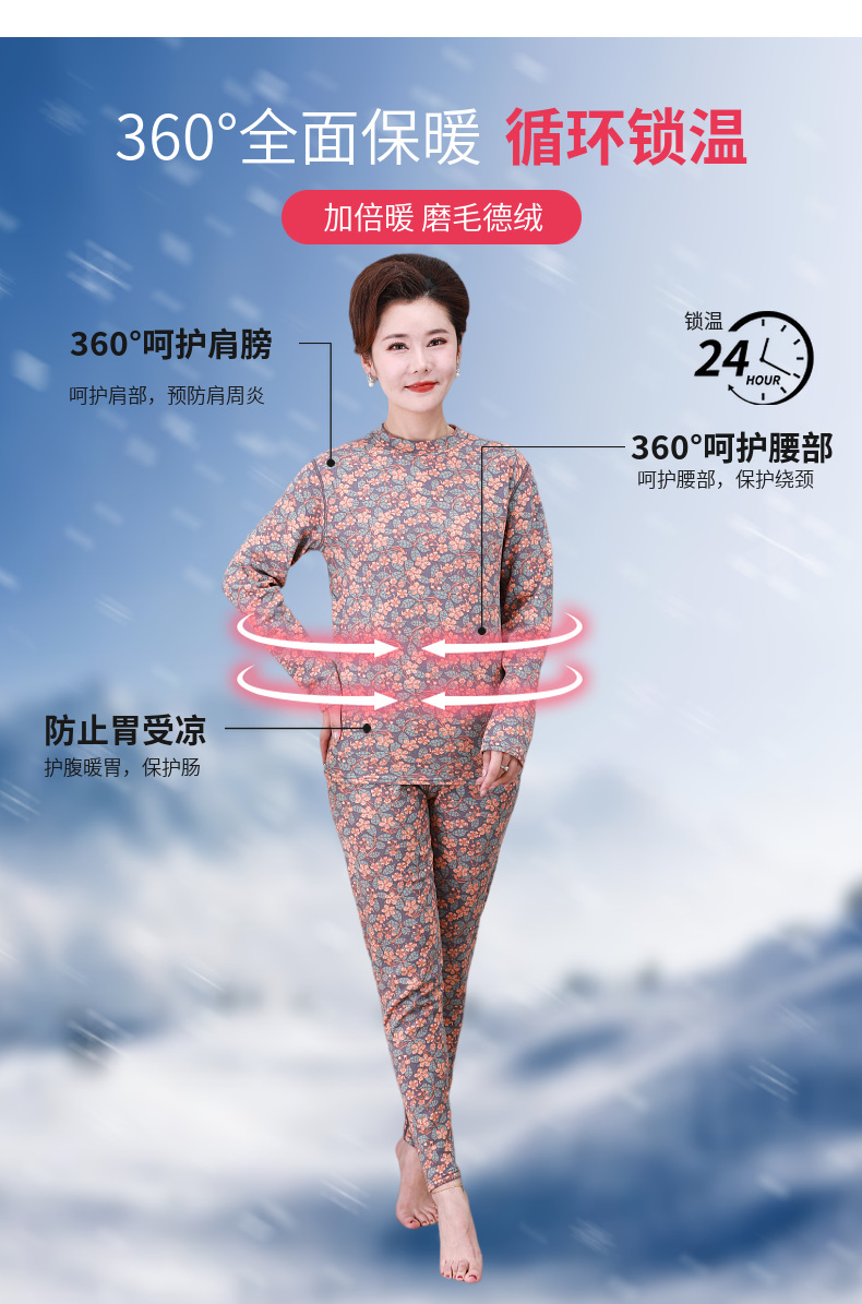 中老年大码印花徳绒保暖套装女士半高领宽松秋冬加绒妈妈装批发详情5