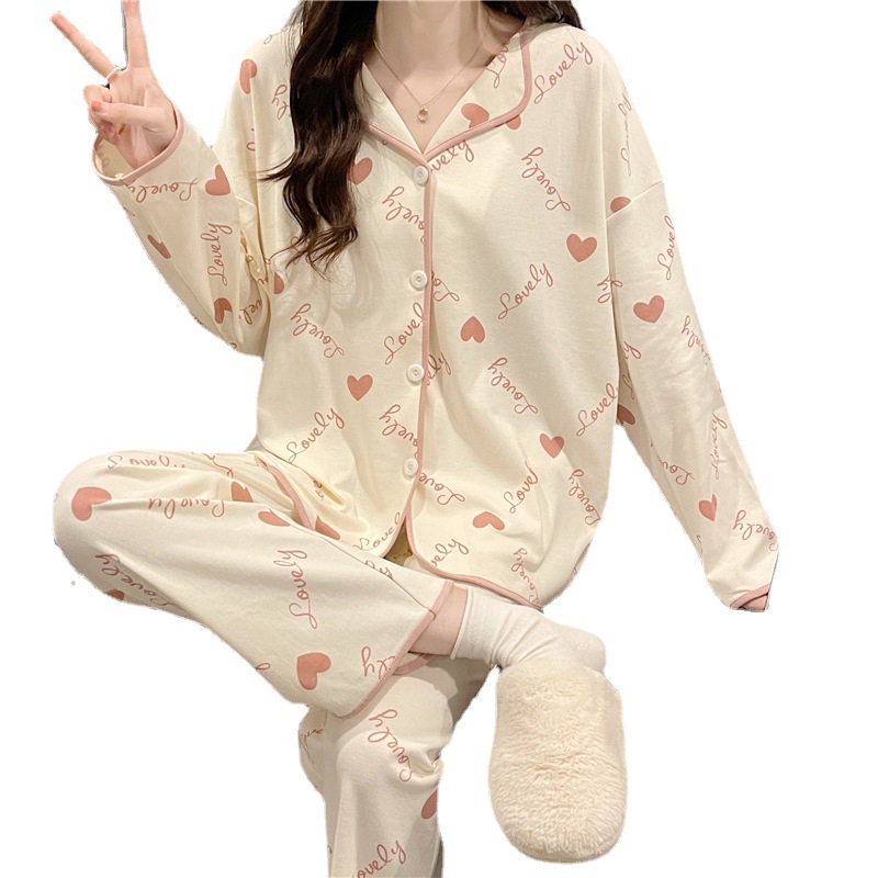 Spring and Autumn Thin Long-Sleeved Pajamas for Women 2024 New Cute Cardigan Homewear Loose Two-Piece Suit for Women