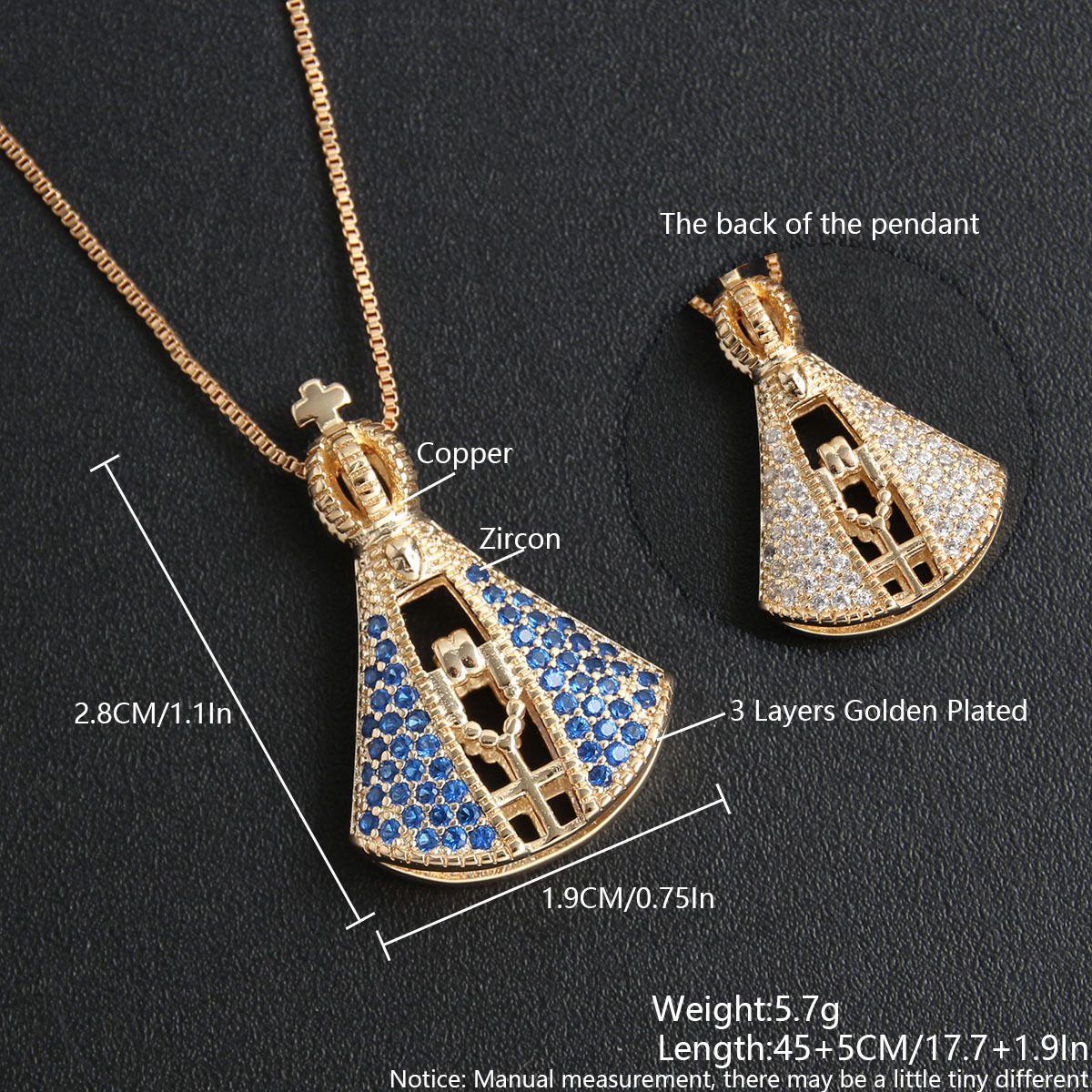 Europe and America Cross Border Hot Sale Religious Necklace Copper Plating 18K Real Gold Double-Sided Virgin Micro Zircon-Inlaid Pendant Necklace