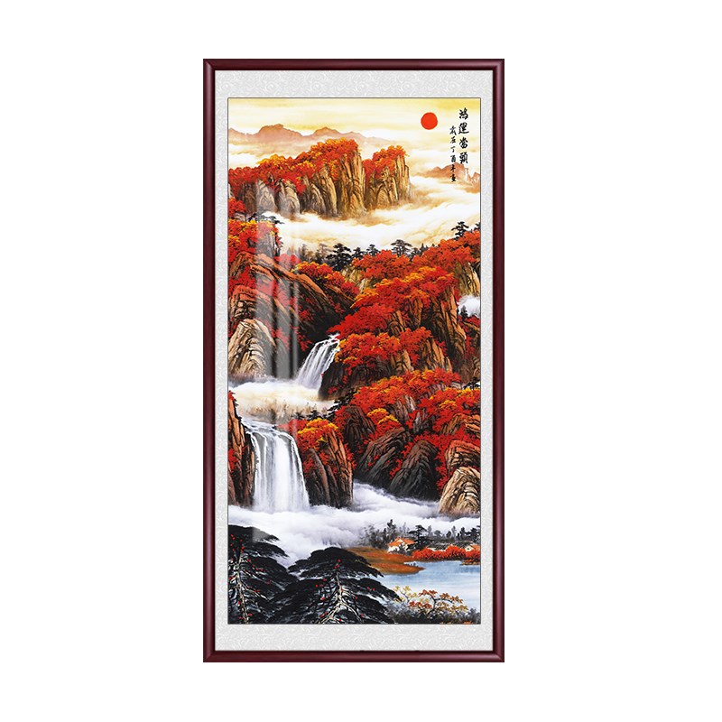 鸿运当头国画山水画玄关装饰画中式入户走廊过道尽头竖版客厅挂画