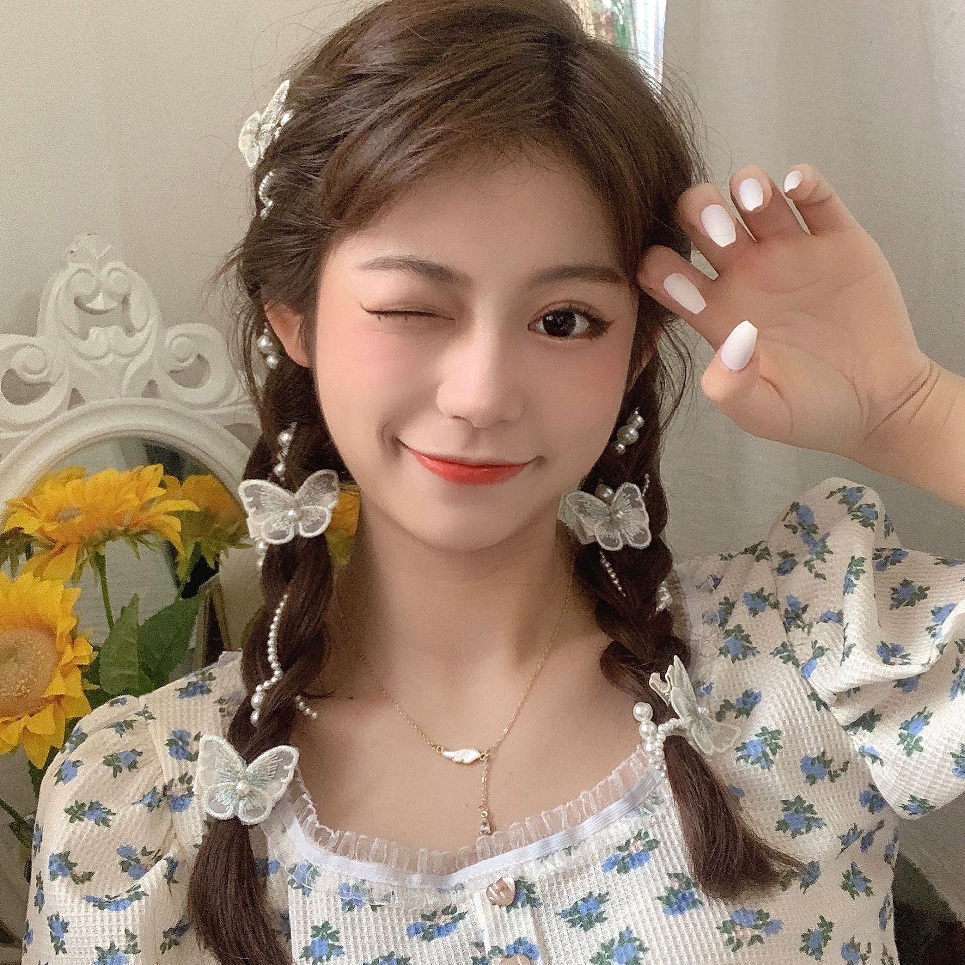 杨超越同款珍珠编发链发饰超仙蝴蝶发夹发带夏季串珠链条发卡发绳