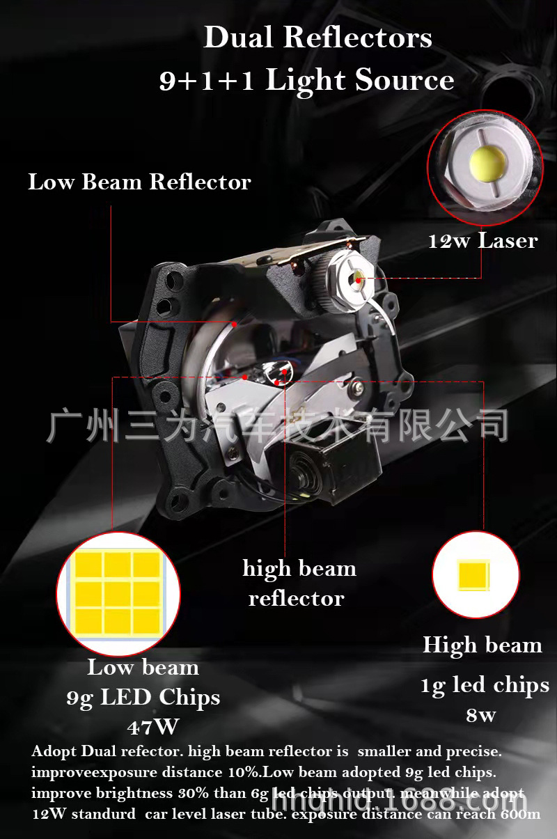 三为新款赤兔马a8l led双光透镜大灯激光大灯直射激光高亮汽车灯
