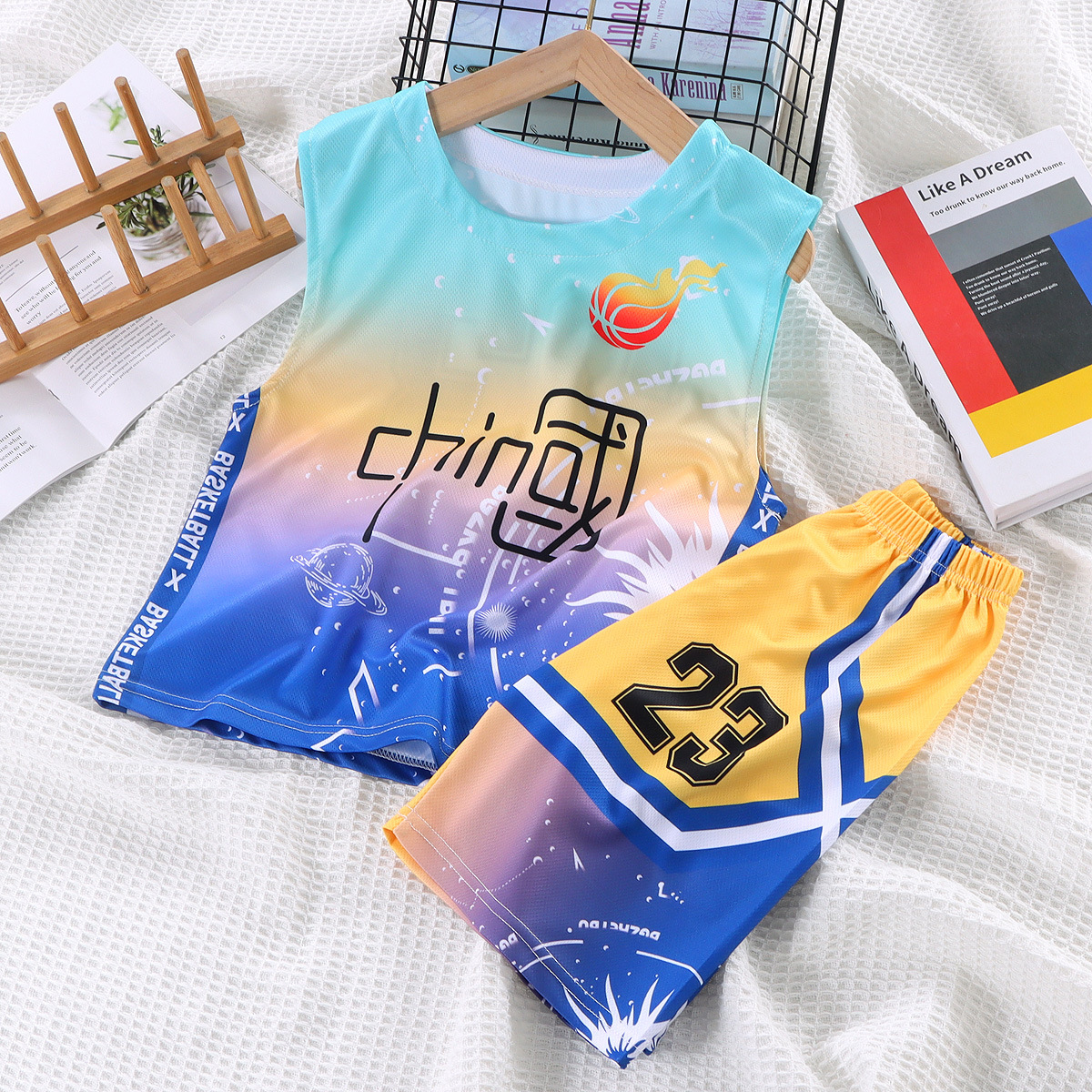 2023 New Middle and Big Children Basketball Wear Summer Quick-Drying Sleeveless Suit Boys and Girls Sportswear Shorts Two-Piece Set