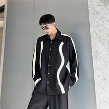 春季新款时尚个性设计感造型黑白撞色男宽松上衣韩版长袖衬衣潮牌
