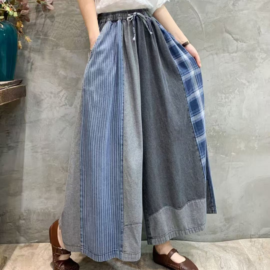 外贸原单2024春秋季新款牛仔阔腿裤拼色做旧大码裙裤九分裤女3299