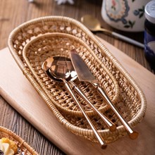 Wicker Rattan Basket Hand Woven Bread Tray Tabletop Food Fru