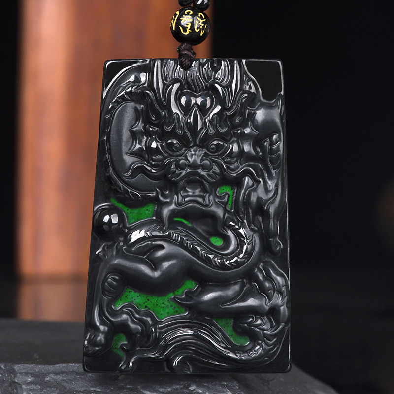 天然墨翠a货翡翠墨玉生肖龙牌霸气玉石吊坠挂件男士项链女款玉坠