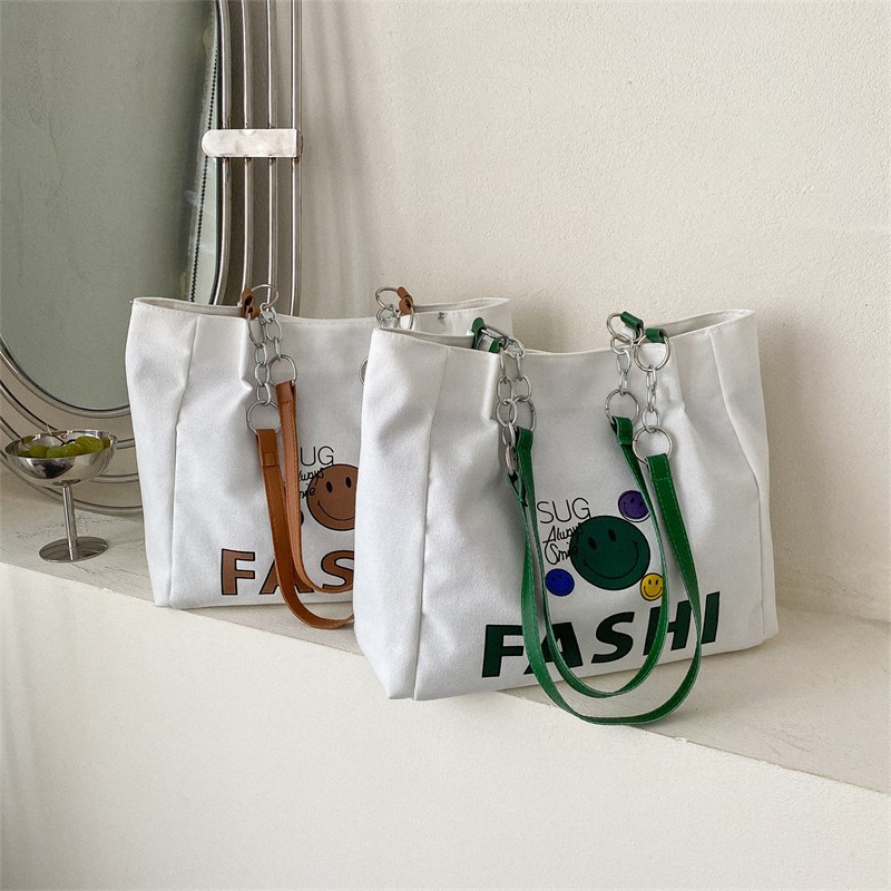 Canvas Bag 2023 Early Spring New Simple Letter Smiley Face Tote Bag Large Capacity Versatile Shoulder Bag Women's Bag