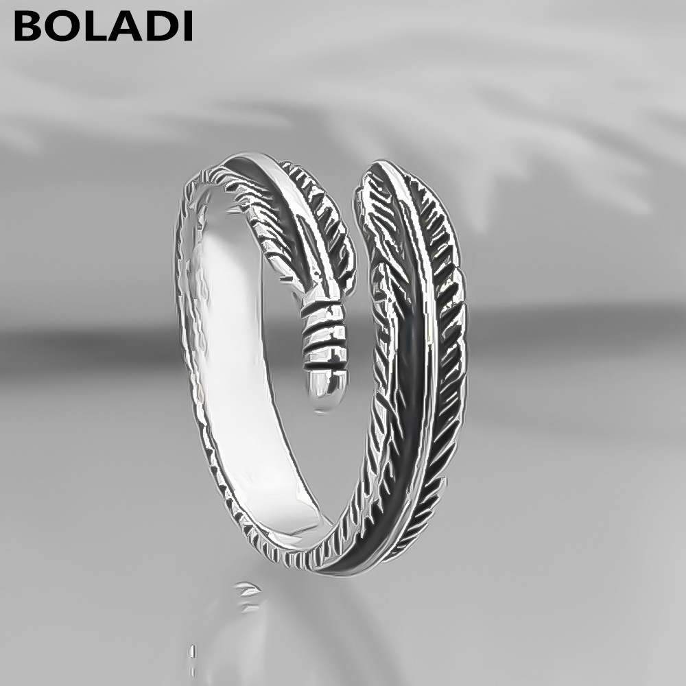 纯银复古羽毛戒指高级感小众设计时尚个性潮男女款开口可调节指环
