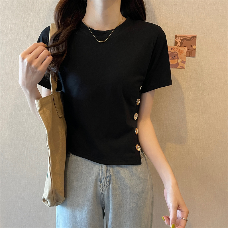 2023 Summer New Korean Style High Waist Short Women's Black Short-Sleeved T-shirt Design Sense Niche Women's Tops Wholesale