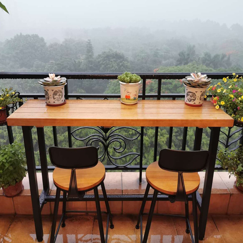 阳台桌椅高脚吧台桌家用实木红酒桌靠墙长条桌防腐木靠窗观景