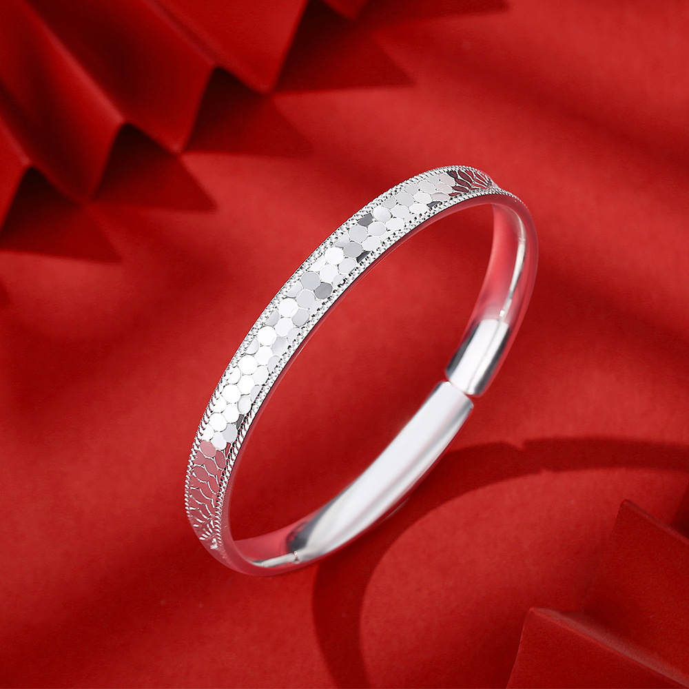龙鳞凹面银手镯女足银9999实心开口式新中式年轻款纯银镯子送女友