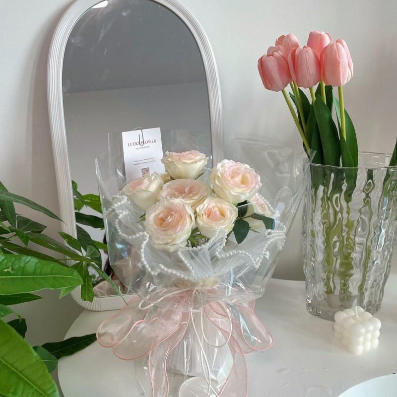 仙女ins风透明花束珍珠波浪纱浪花纱褶皱花艺包装材料全套包花纸