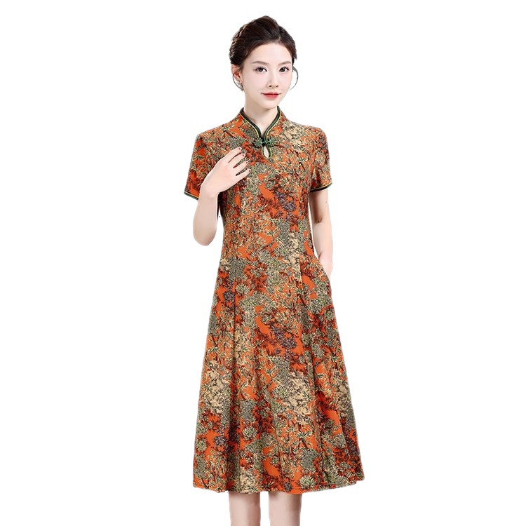 2023 Summer New Dress Large Swing Dress Middle-Aged and Elderly Women's Clothing Mother's Short Sleeve Floral Improved Cheongsam Dress