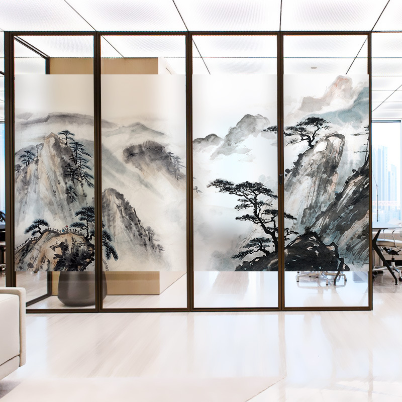 新中式大气风山水画艺术办公室静电磨砂玻璃贴纸隔断装饰