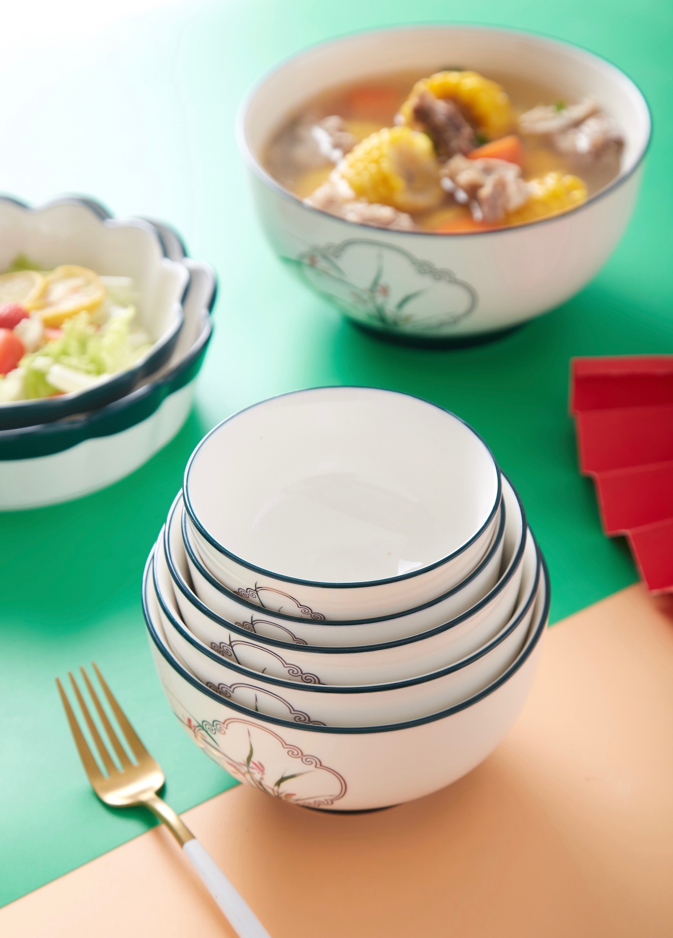 批发陶瓷松昌空谷幽兰碗盘家用ins碗碟套装创意简约兰花北欧餐具