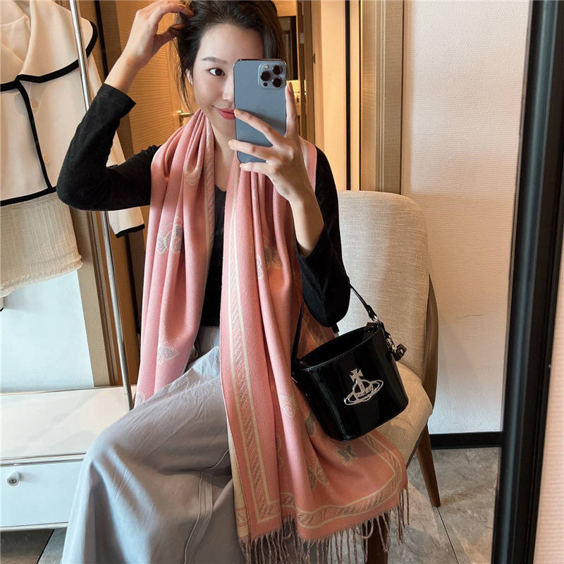 2022 New Elegant Artistic Butterfly Scarf for Women Winter All-Matching Double-Sided Thickened Warm Scarf Talma Outer Wear