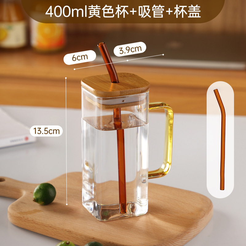 Square Glass Cup for Women Transparent Simple Heat-Resistant Cup with Lid and Straw Breakfast Milk Juice with Handle