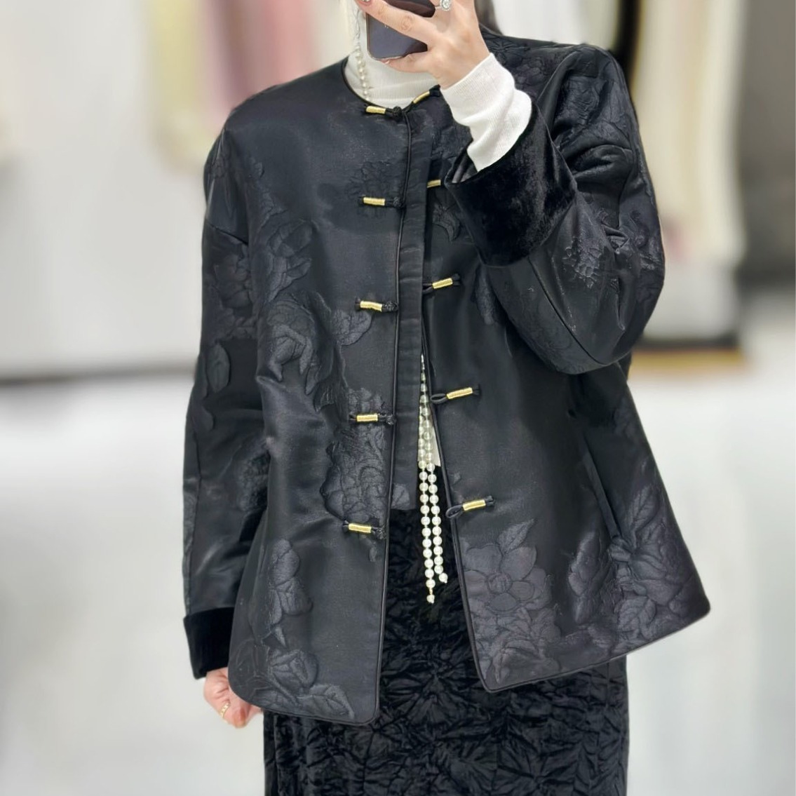 新中式国潮复古圆领小袄棉人丝羊毛混纺提花袖口撞真丝丝绒外套女