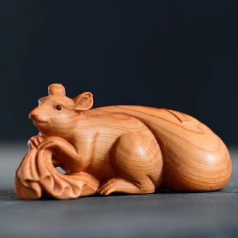 崖柏木雕代代数钱茶宠手把件 生肖老鼠子孙万代家居客厅车载摆件