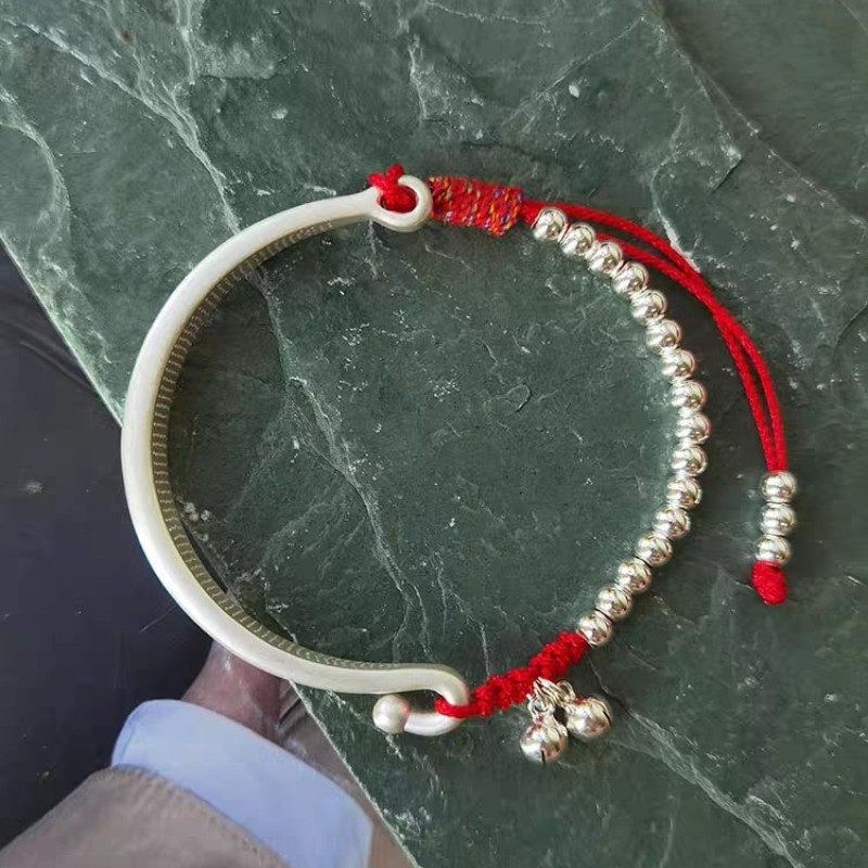 宝宝款999足银宫铃铛手链 刻字银珠手工编织红绳纯银手链女男儿童