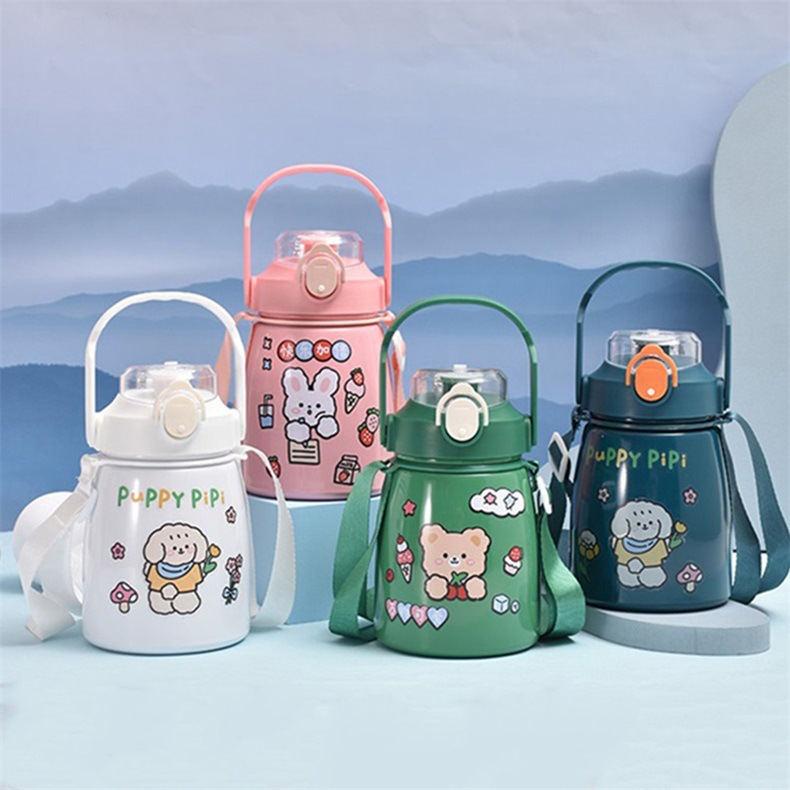 New 304 Stainless Steel Vacuum Cup Large Capacity Strap Outdoor Mountaineering Portable Big Belly Cup Cartoon Stickers Carry-on Cup