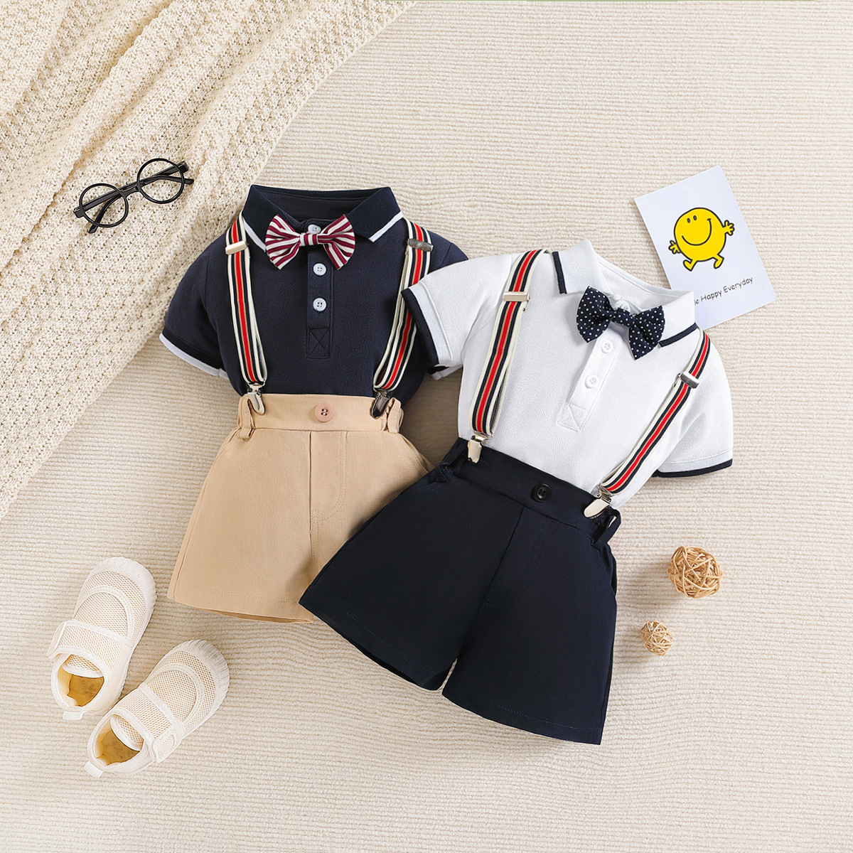 Ins Baby Suit Spring Summer New Short Sleeves Romper + Suspender Shorts Three-Piece Suit Trendy Boy One Year Old Celebration Dress