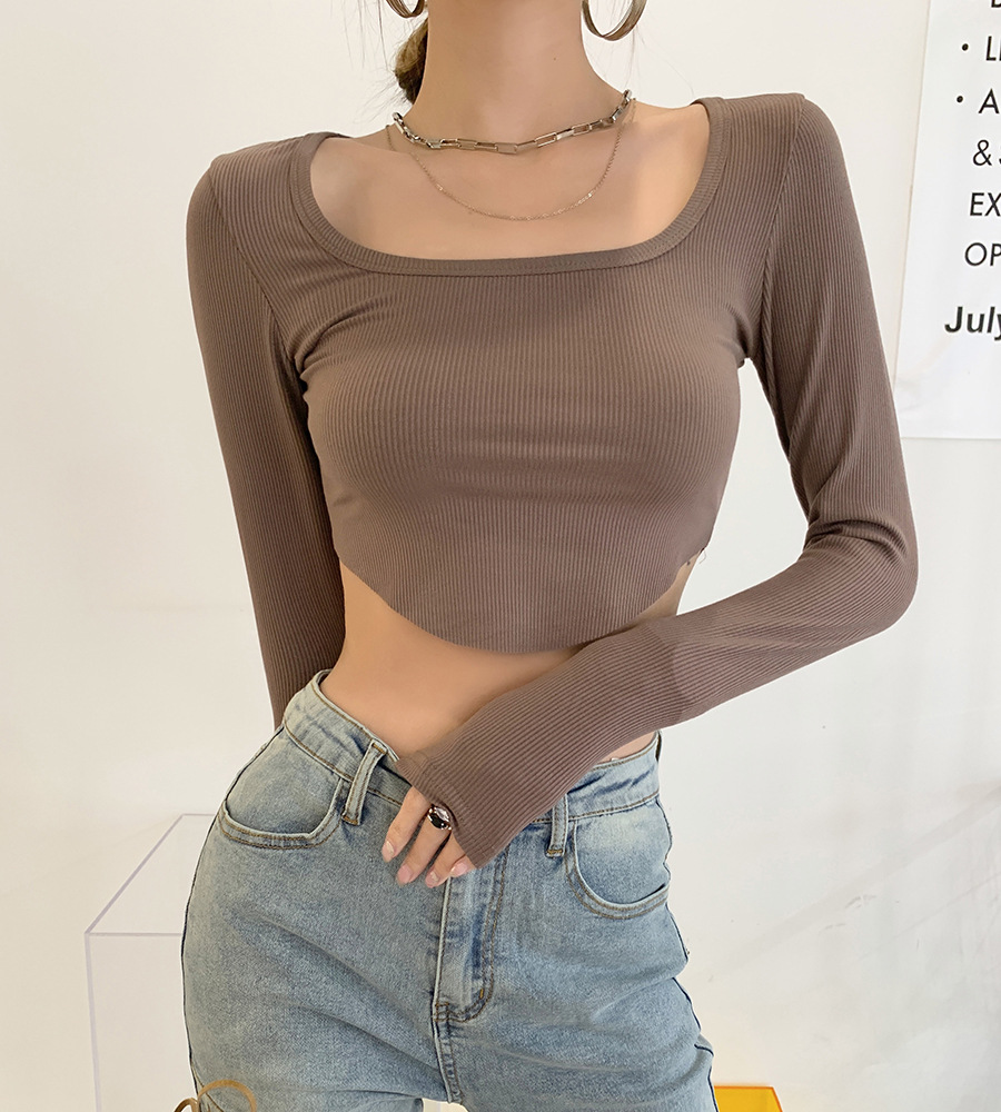 2022春装新款韩系修身显瘦性感辣妹露腰短款长袖方领长袖t恤女潮