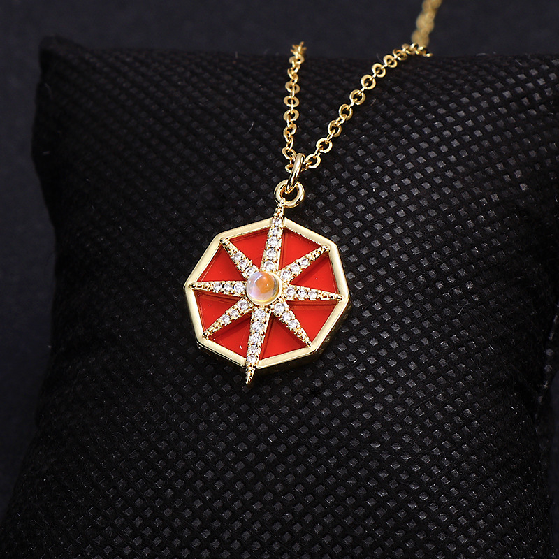 欧美八芒星罗盘造型项链女时尚经典镶嵌白贝母黑玛瑙吊坠锁骨链